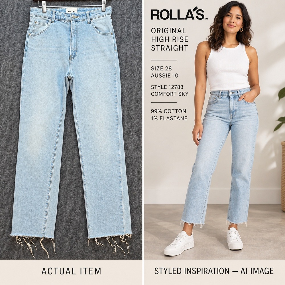 Rolla's Original Straight Jeans Womens High Rise Comfort Sky Light Wash 28 Exc